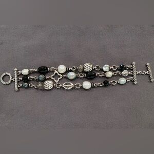 David Yurman Three Row Stirling Silver, Gemstone, Quatrefoil and Bead Bracelet
